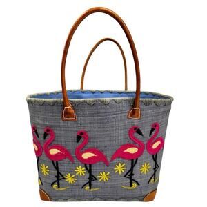 Le Comptoir De La Plage "Madagascar" Woven Raffia Blue/Pink Flamingos ExL Tote